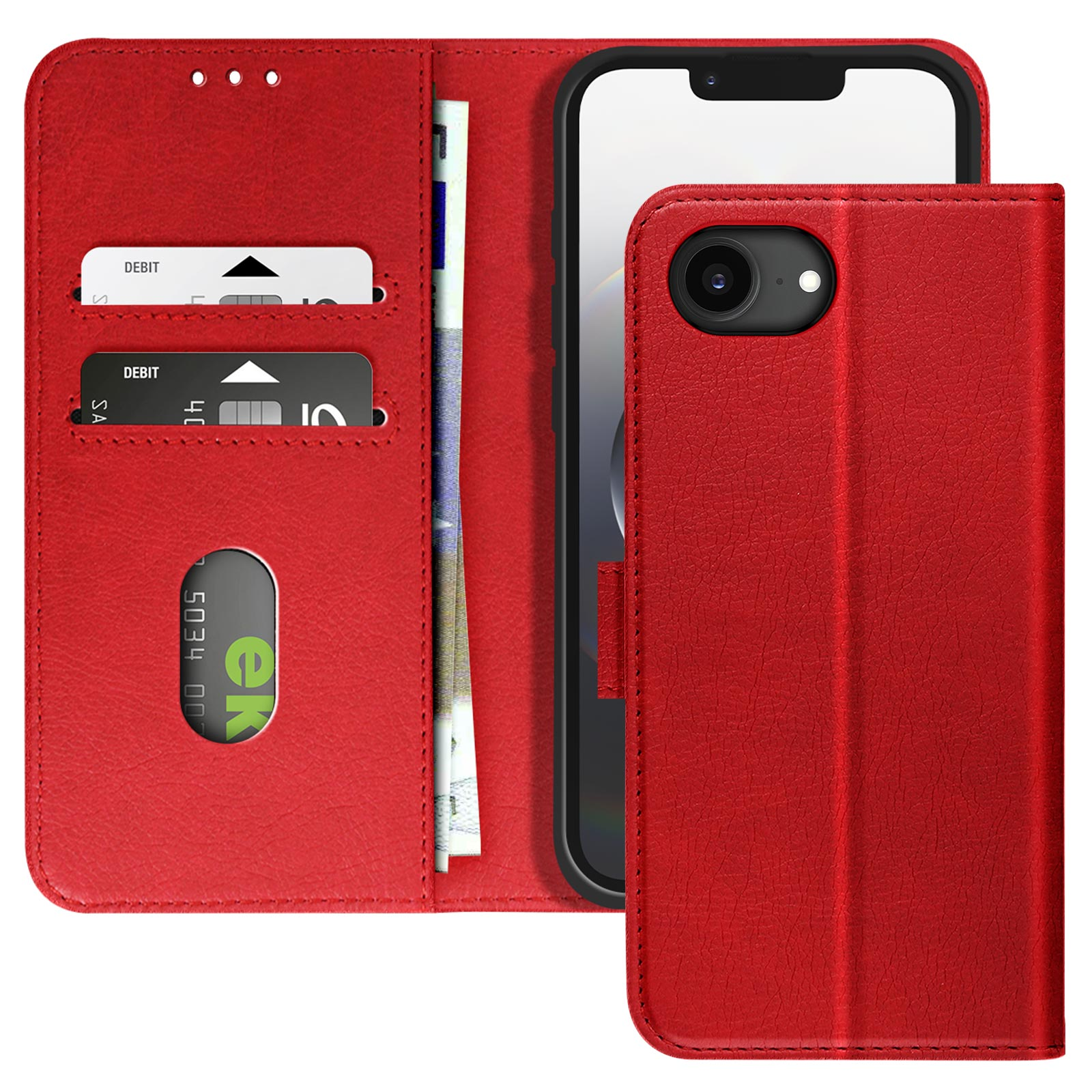 Rote Telefontasche mit Telefon und zwei Kreditkarten. Der Hintergrund ist weiß.