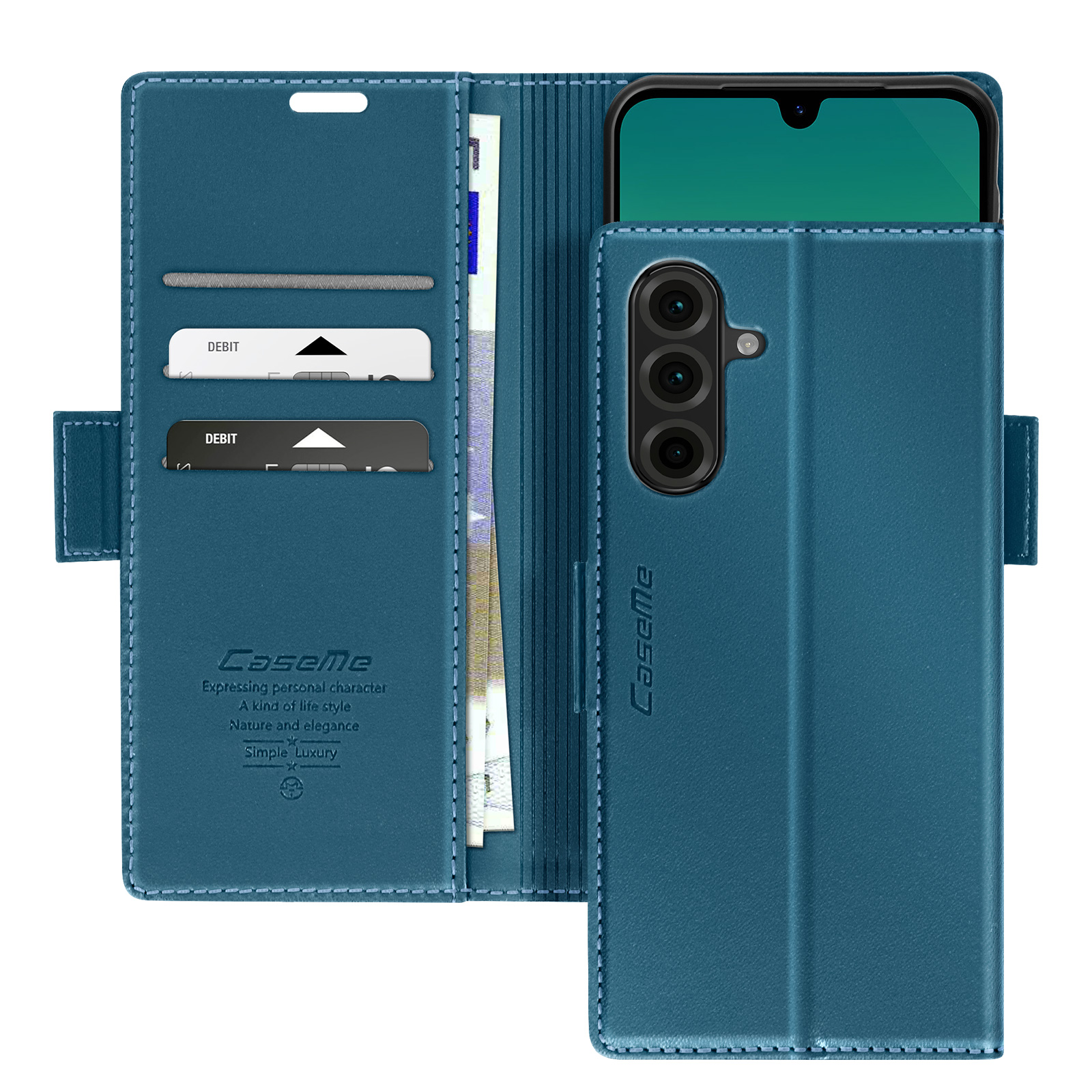 Custodia blu per telefono con fessure per carte e telefono, chiusa. Un'elegante custodia blu.