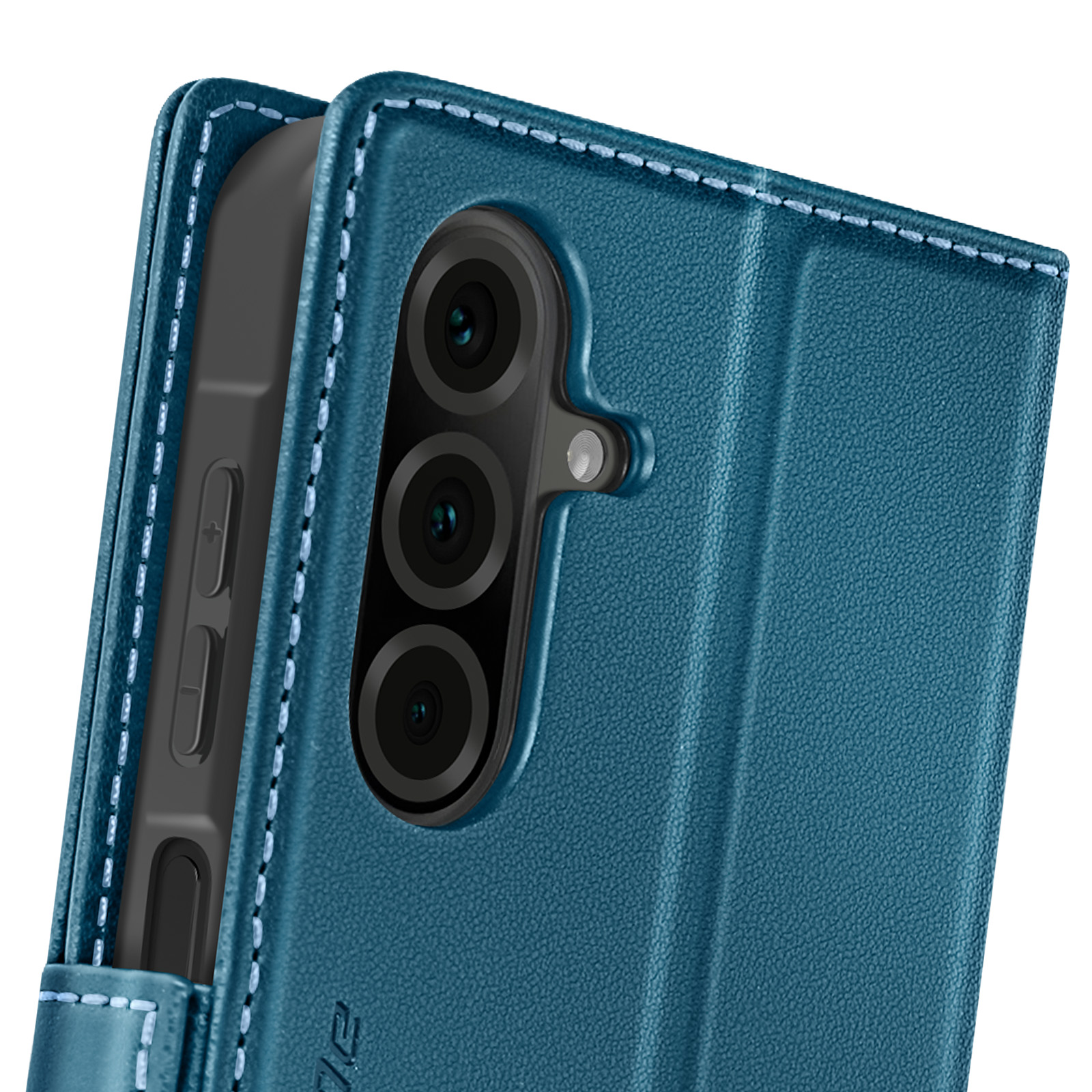 Custodia per telefono color teal con lenti della fotocamera visibili, un telefono inserito.