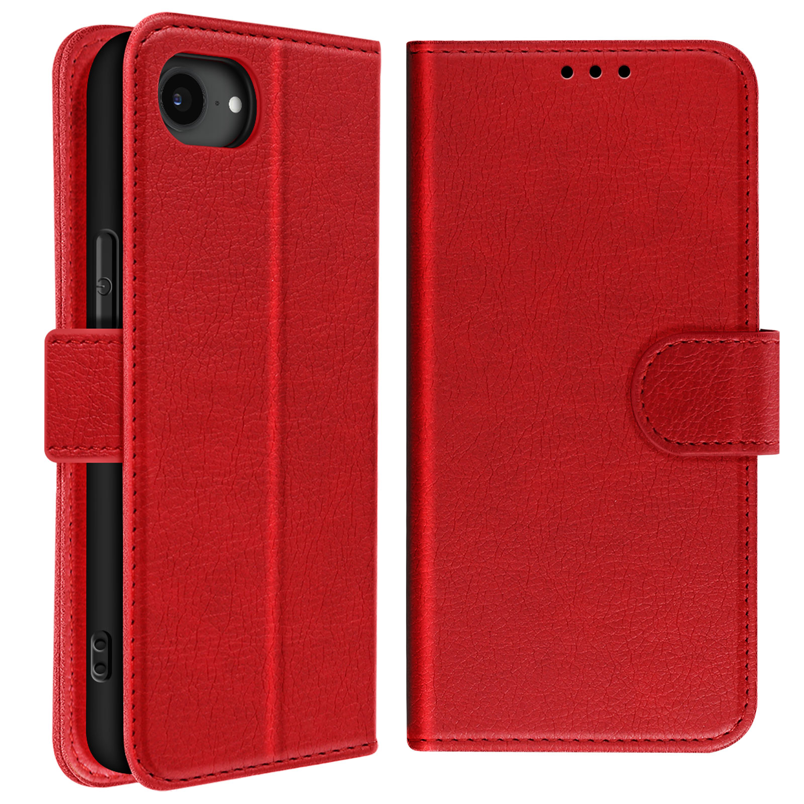 Rote Leder-Geldbörsen-Handyhülle, offen und geschlossen. Zeigt das Telefon und den Verschluss. Weißer Hintergrund.