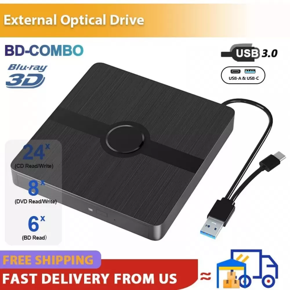 Schwarzes externes optisches Laufwerk mit USB 3.0, Blu-ray 3D und CD/DVD/BD-Funktionen.