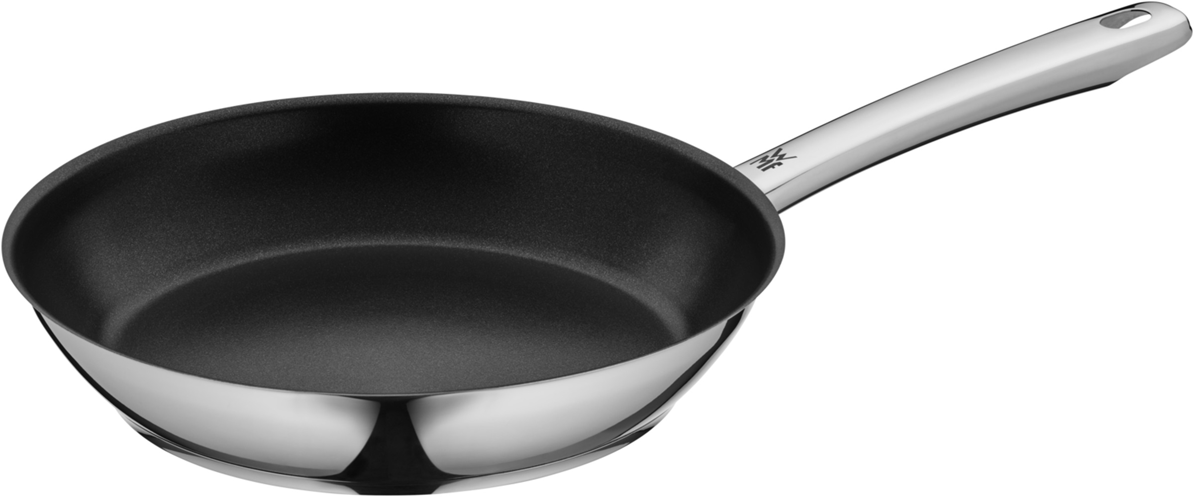Edelstahl-Bratpfanne. Schwarze Innenseite und silberner Griff.