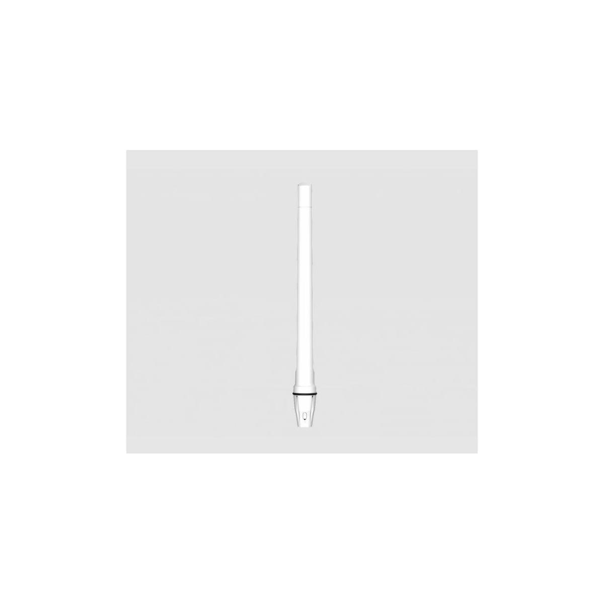 Eine weiße Antenne. Es ist ein langer, dünner, glatter Stab mit schwarzer Basis.