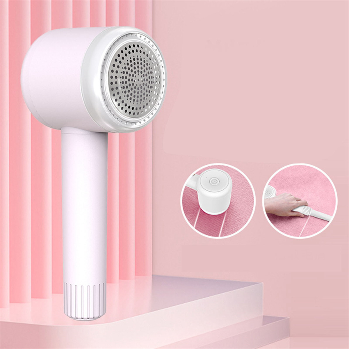 Weißer Stoffrasierer mit pinkfarbenem Hintergrund, der das Gerät und seine Funktionen zeigt.
