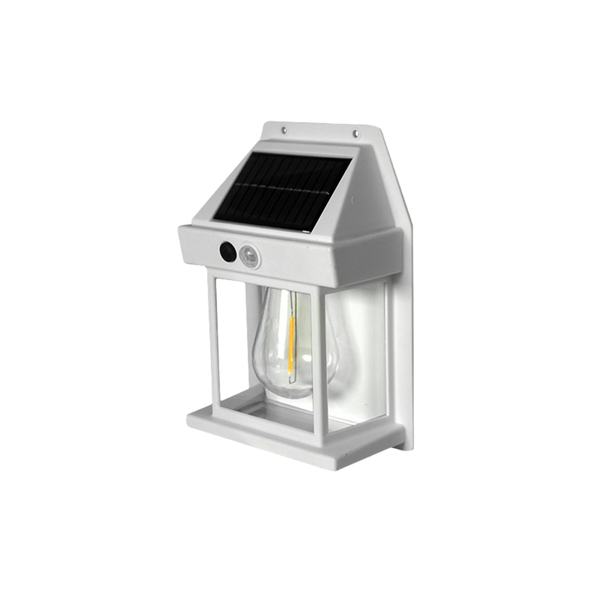 Weiße Solar-Außenlampe. Enthält eine Glühbirne und ein Solarpanel. Weißer Hintergrund.
