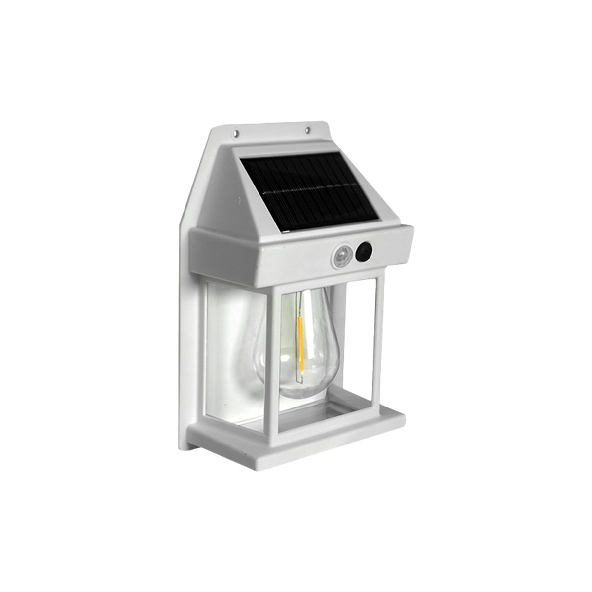 Weiße solarbetriebene Außenlampe. Mit Solarpanel, Licht und Bewegungssensor.
