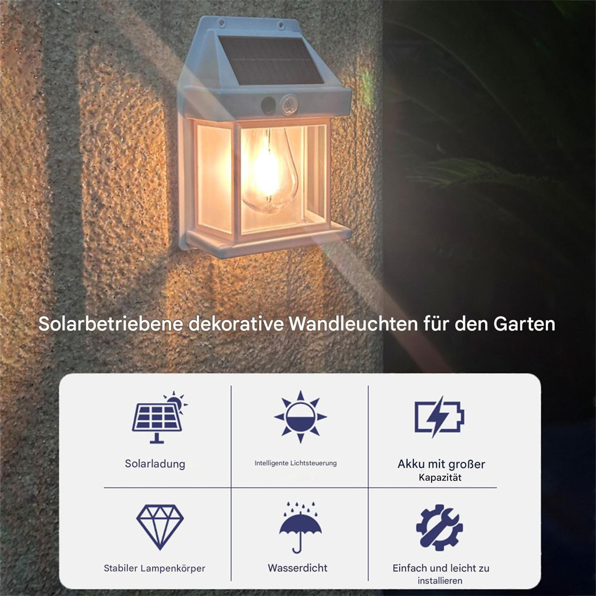 Solarbetriebene dekorative Wandleuchte. Text: Solarbetriebene dekorative Wandleuchten für den Garten. Symbole zeigen Funktionen.