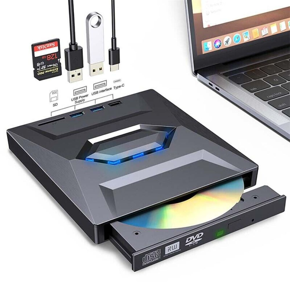 DVD-Lesegerät mit schwarzem Gehäuse und angeschlossenem USB-Laufwerk.