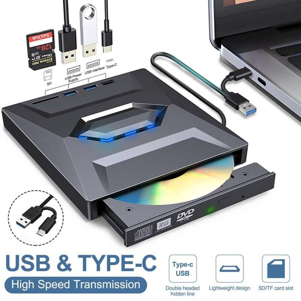 Schwarz-graues USB-DVD-Laufwerk mit Discs. USB- und Typ-C-Anschlüsse und Kabel sichtbar.
