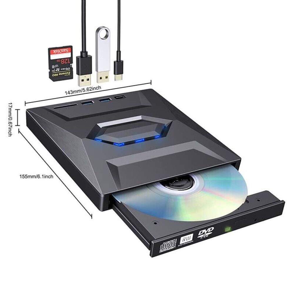 Ein schwarzes externes DVD-Laufwerk mit einer Disc und angeschlossenen Kabeln.