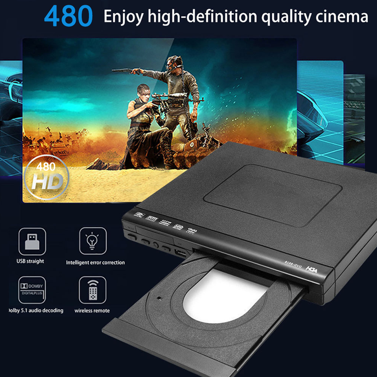 Schwarzer DVD-Player mit geöffnetem Laufwerk, zeigt Filmszene.