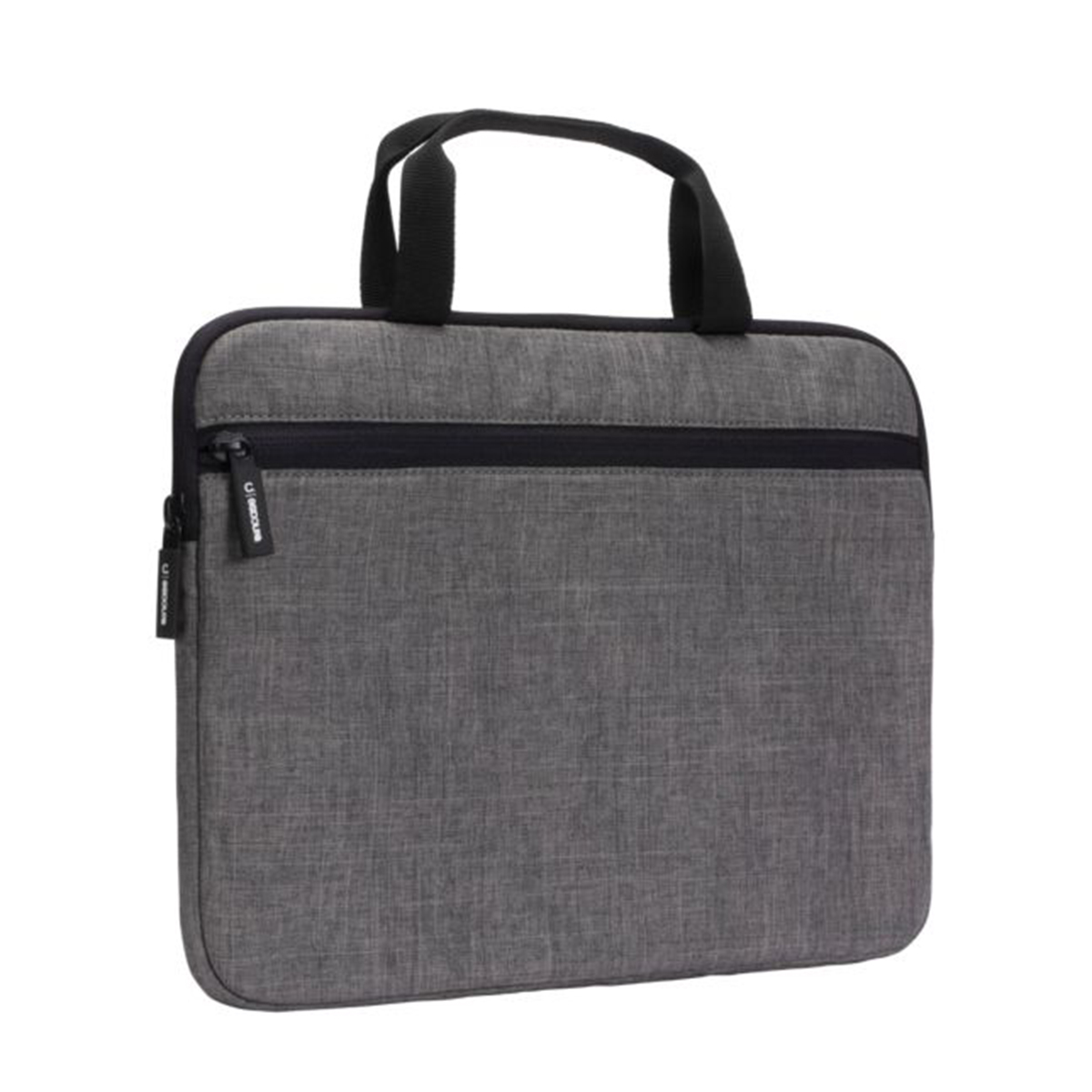 Borsa per laptop grigia con cerniera e manico nero. La borsa ha una superficie strutturata ed è rettangolare.