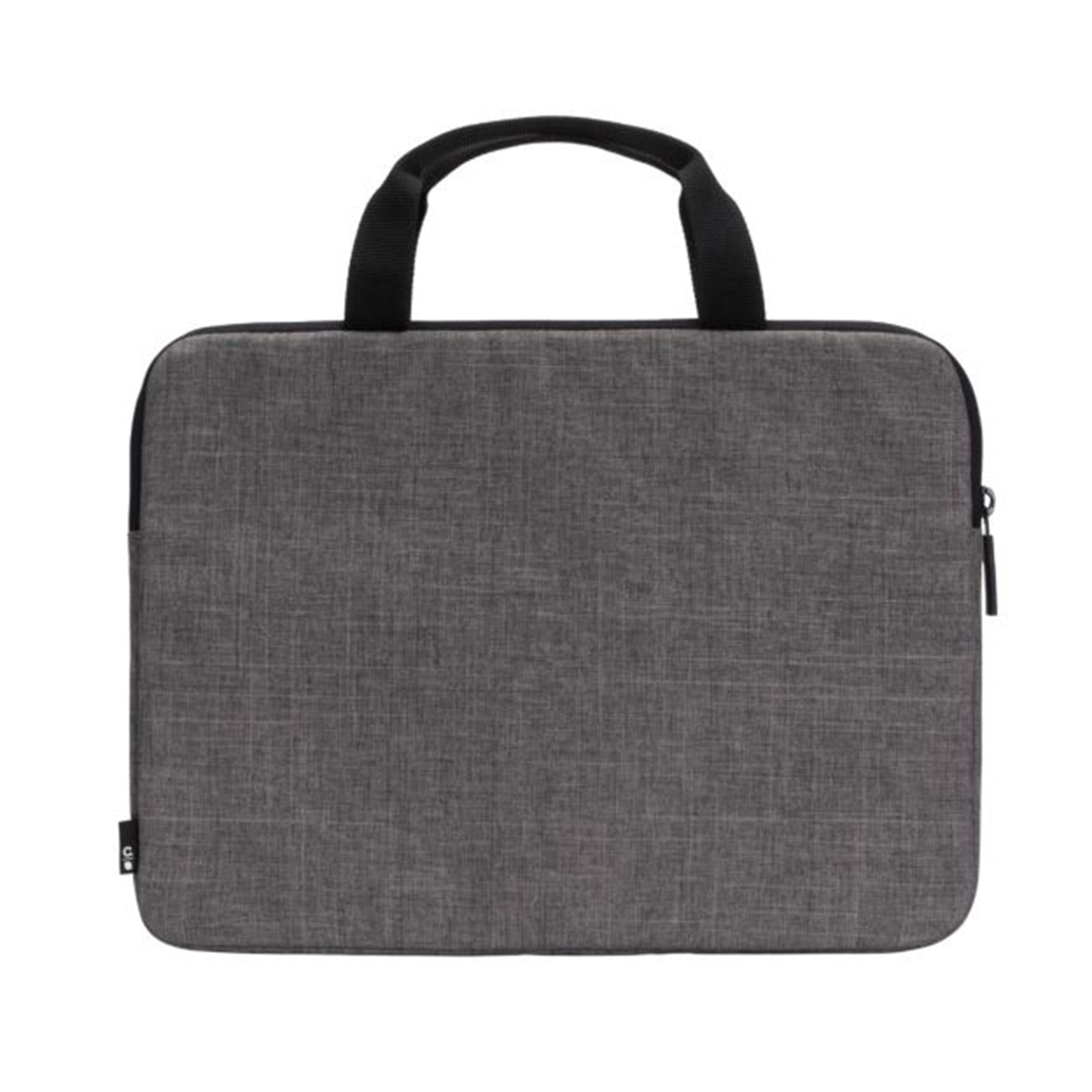 Borsa grigia per laptop con manico nero. Cerniera visibile, tessuto liscio. Sfondo bianco.