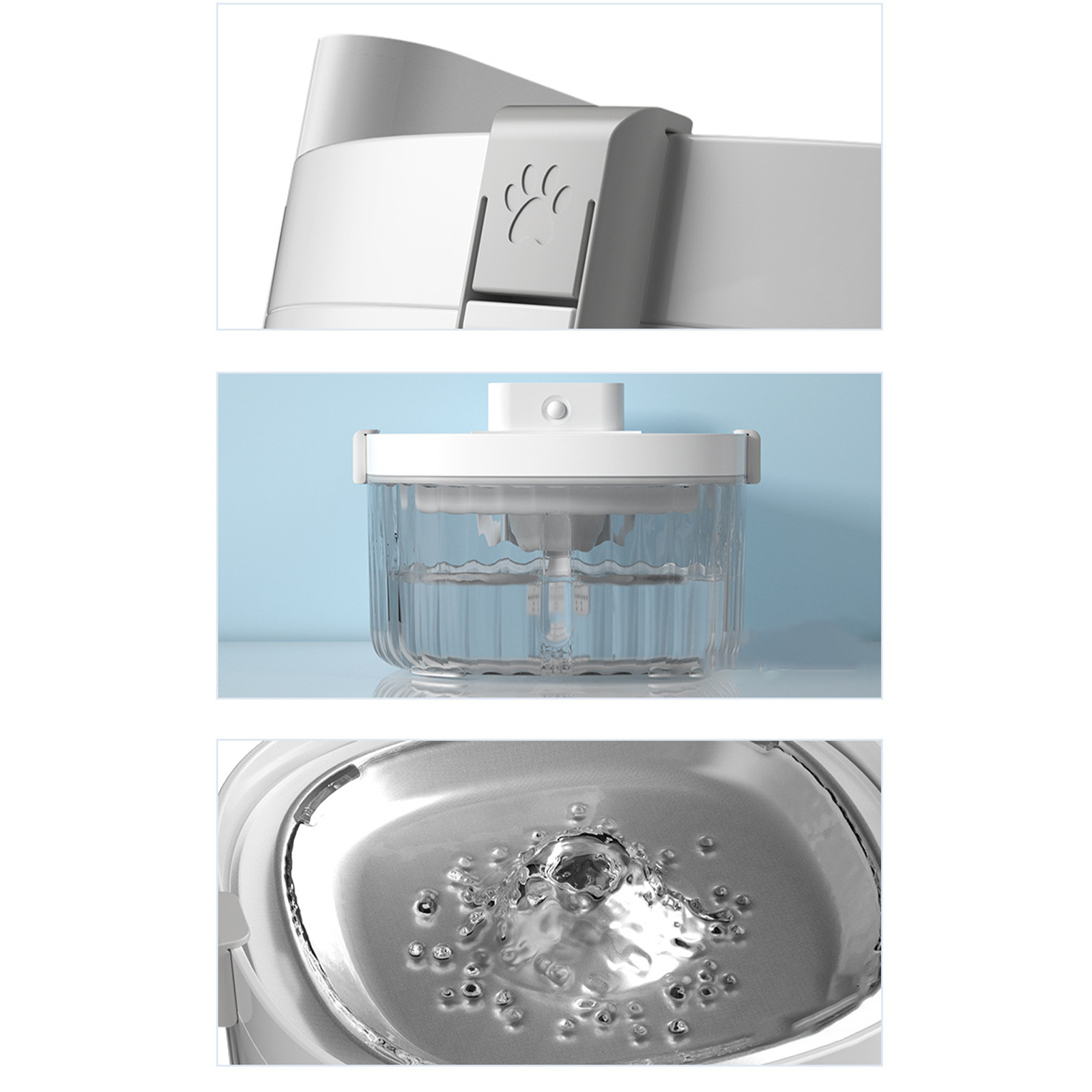 Teile eines Haustier-Wassernapfs. Oben: Pfotenabdruck. Mitte: Wasserbehälter. Unten: Wasser mit Blasen.