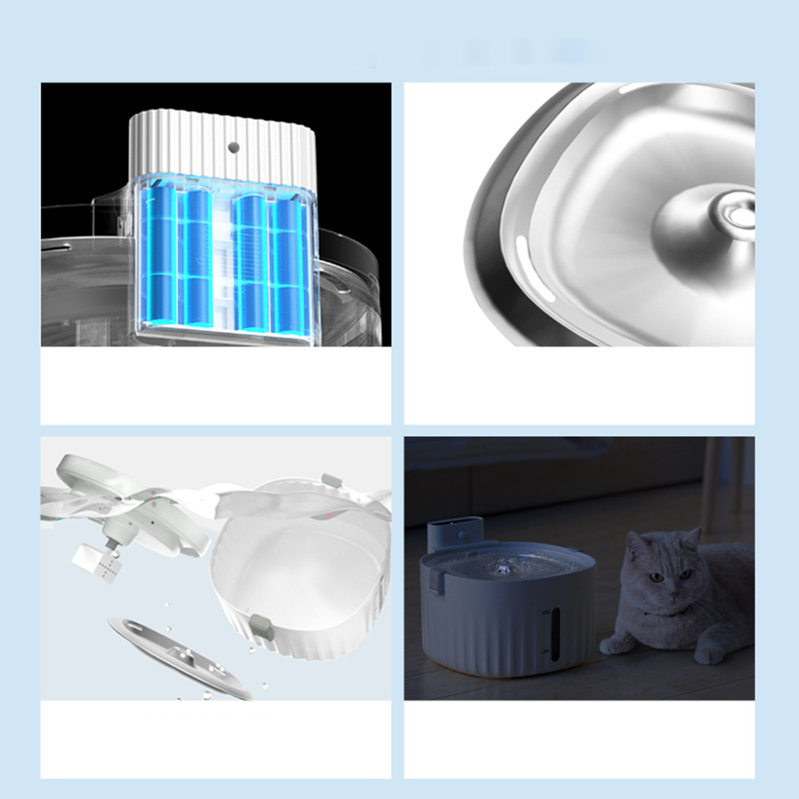 Vier Bilder eines Katzenwasserbrunnens. Zeigt die Innenteile, die Wasserzirkulation und die Katze.