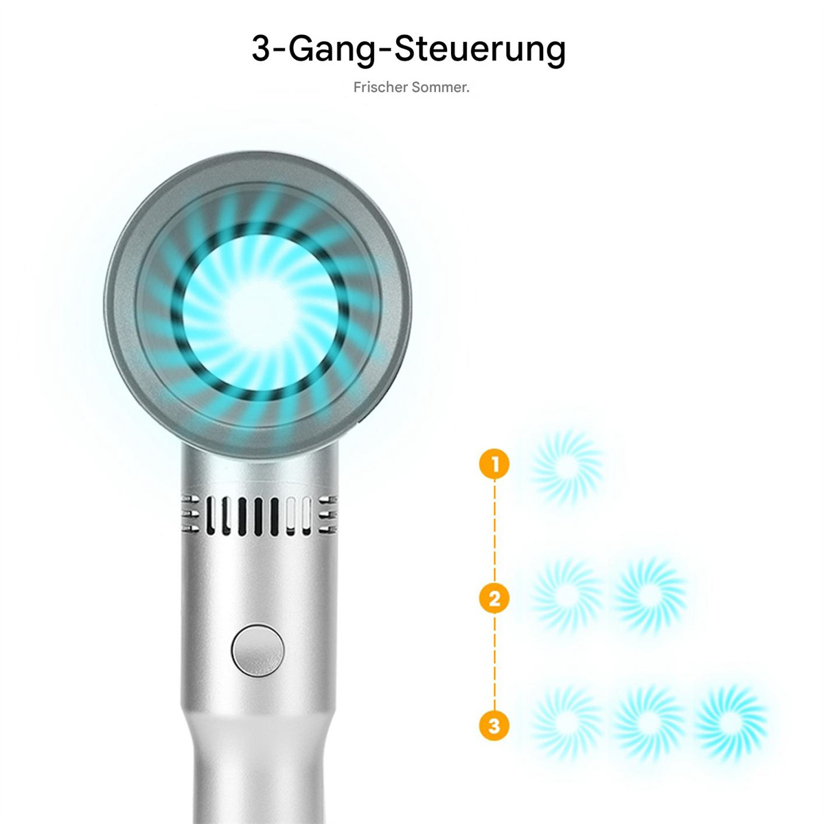 Silberner Handventilator mit blauem Licht. Text: 3-Gang-Steuerung.