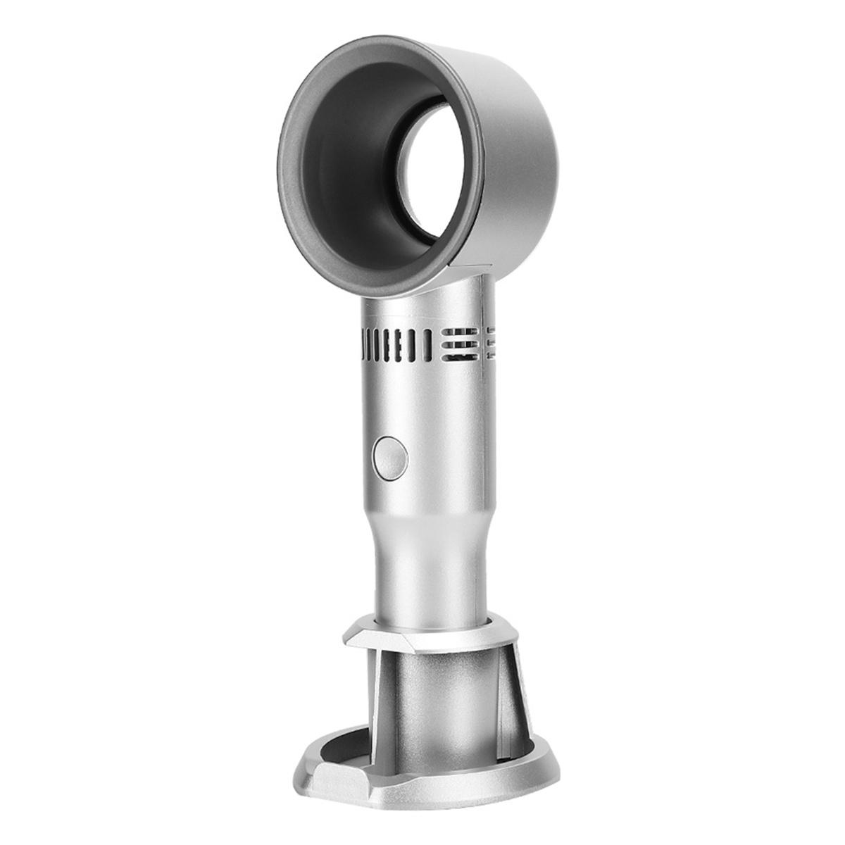 Silberner, blattloser Ventilator mit kreisförmiger Öffnung und Sockel.
