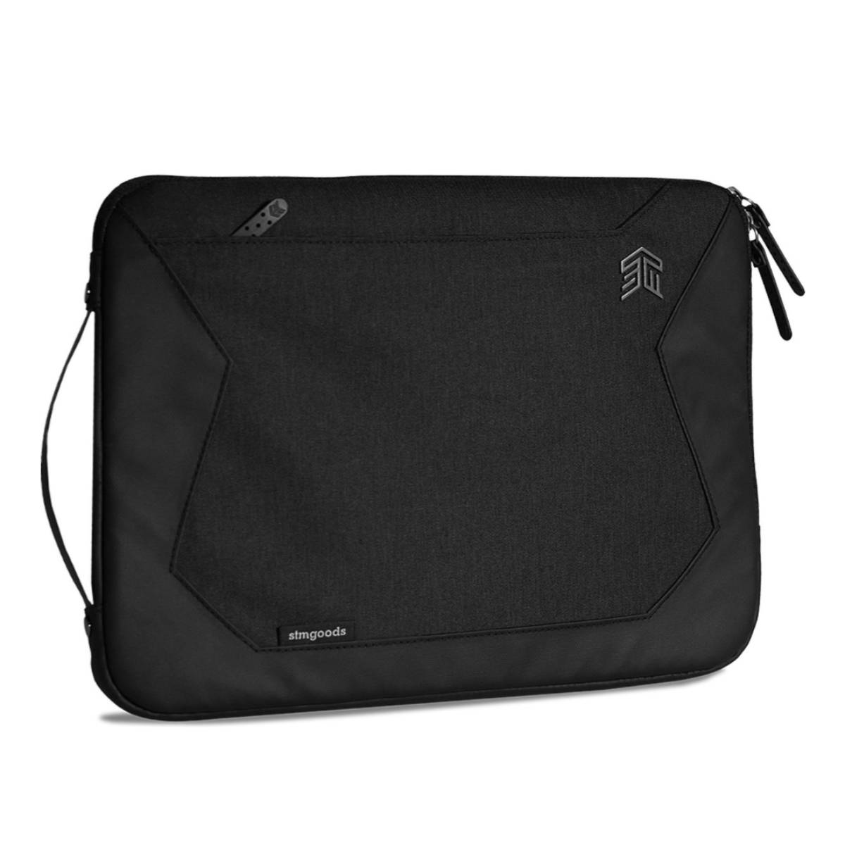 Schwarze Laptoptasche mit Logo und Griff.