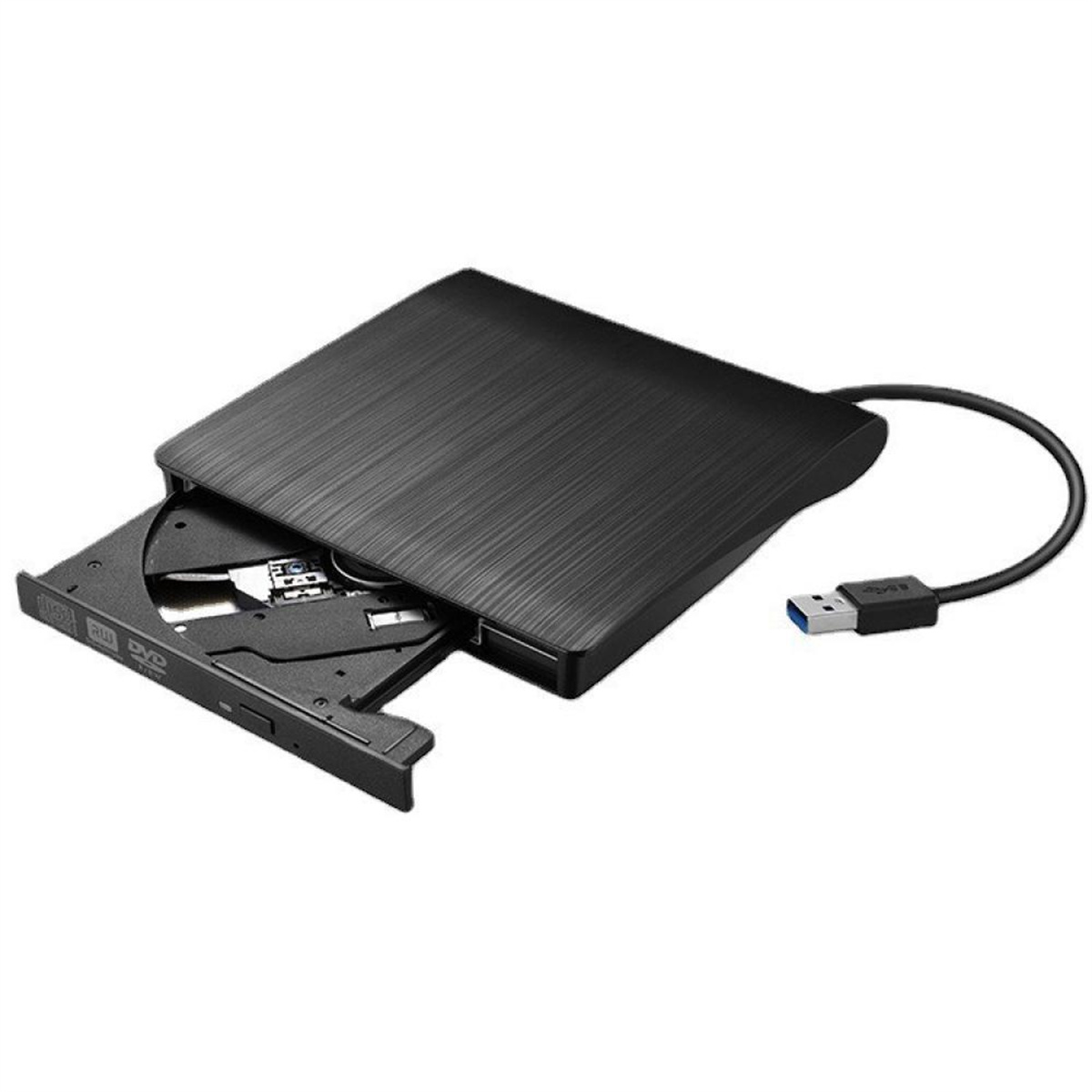 Schwarzes DVD-Laufwerk mit USB-Kabel. Das Laufwerk ist geöffnet und bereit für eine Disc.
