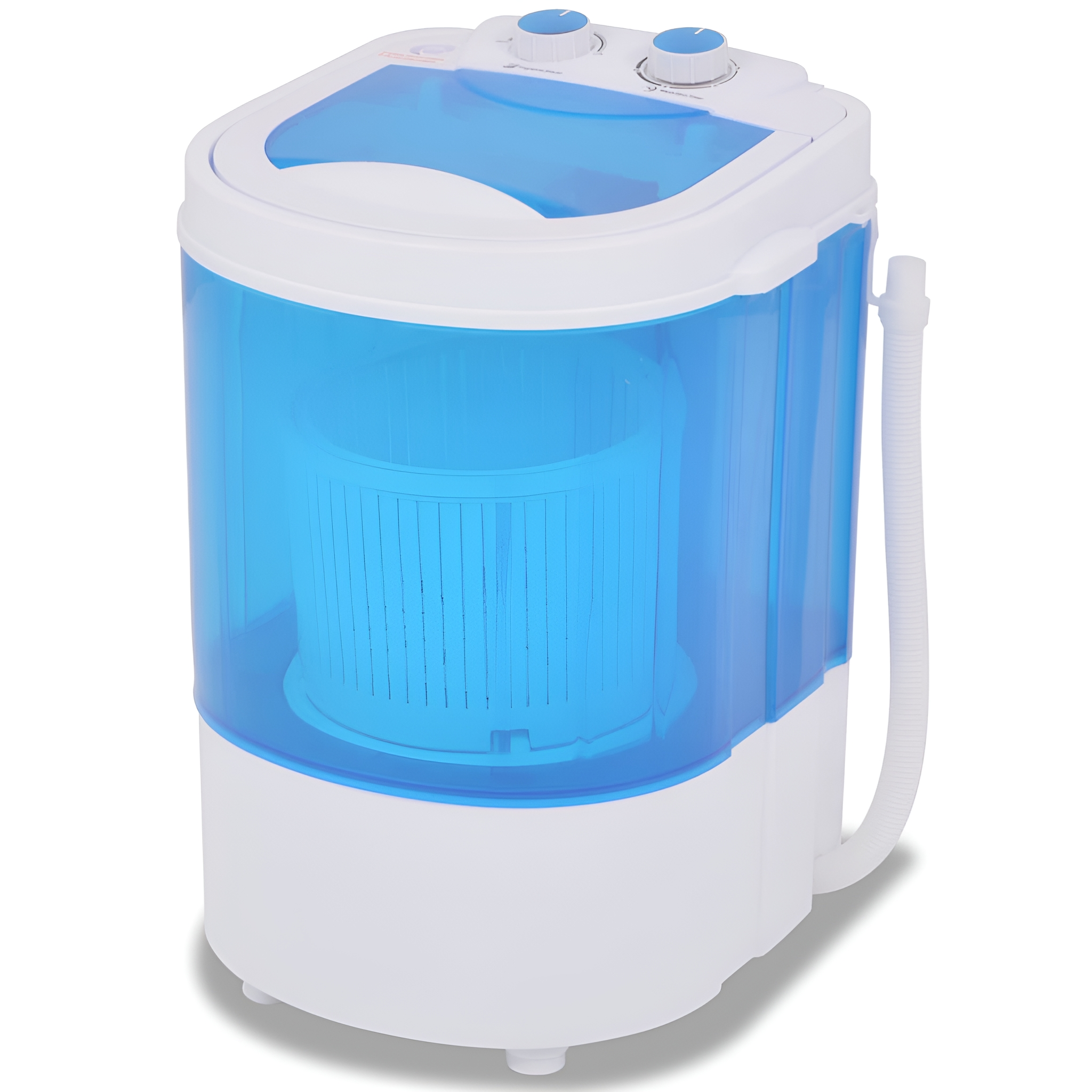 Blaue und weiße Kompaktwaschmaschine mit transparentem blauem Deckel.