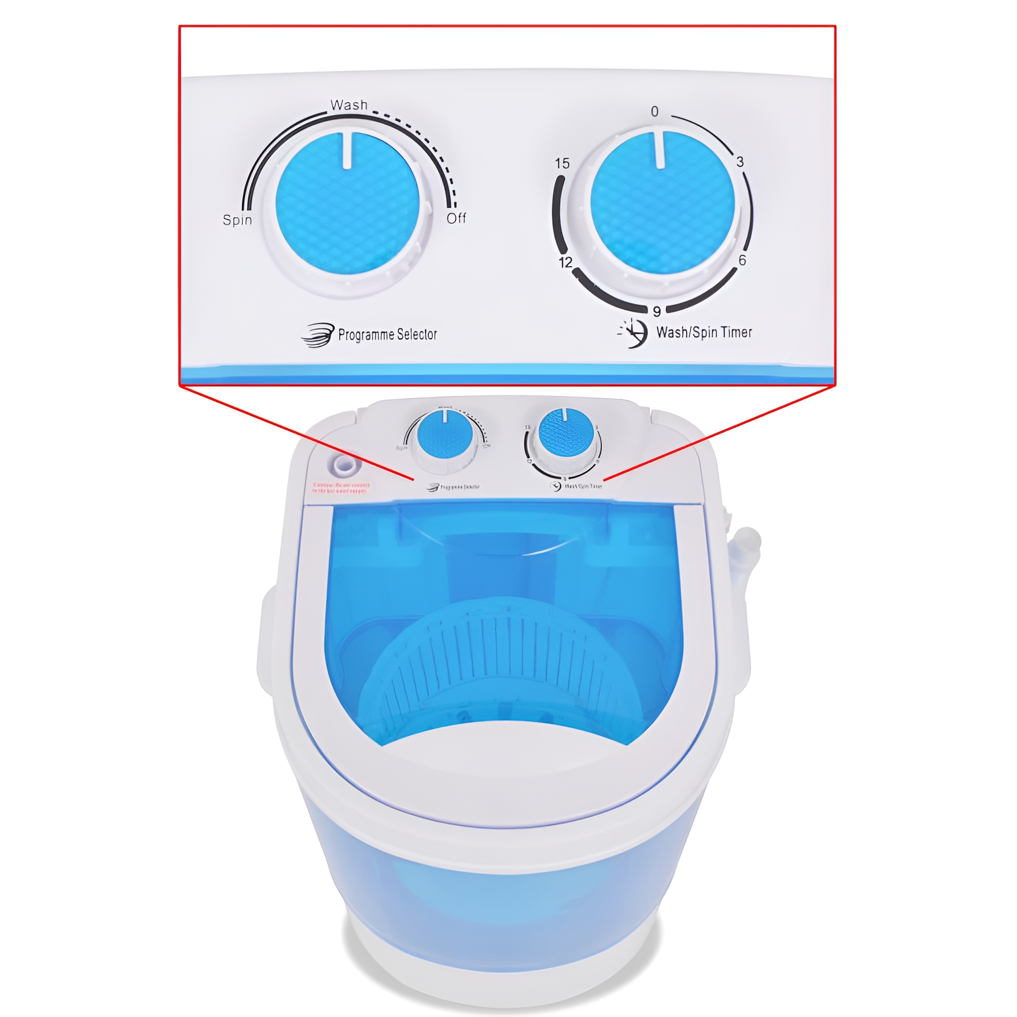 Waschmaschine mit blau-weißem Design. Knöpfe für Wasch- und Schleudergänge sind sichtbar.