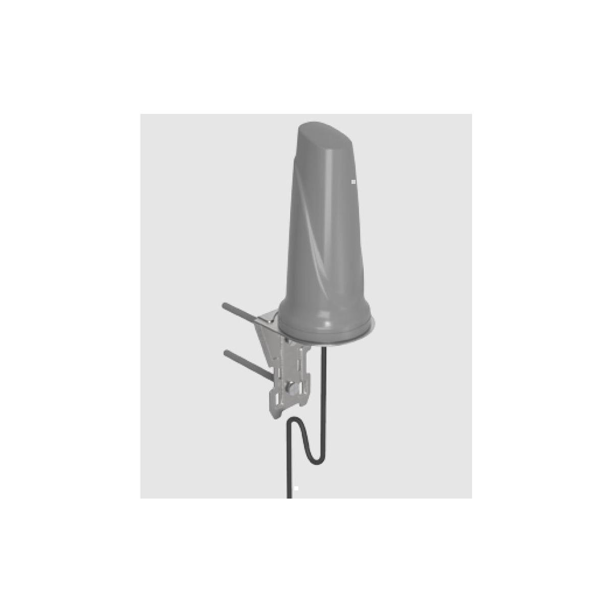 Eine graue Antenne, montiert auf weißem Hintergrund. Sie hat eine Kegelform und eine Metallhalterung.