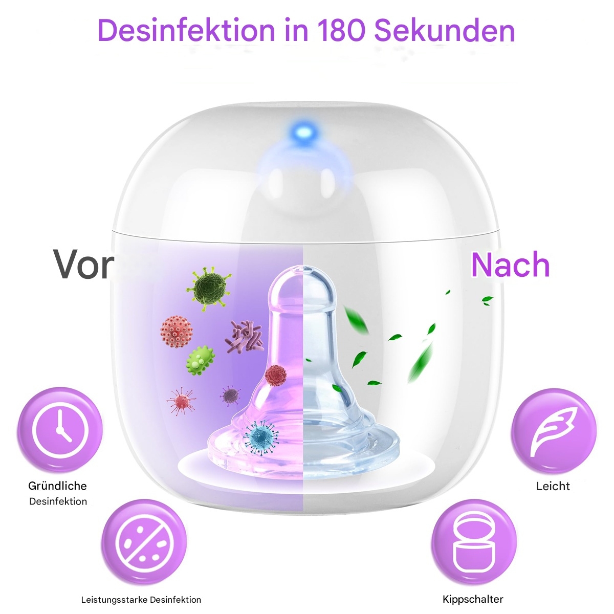 Ein weißer und klarer Sterilisator. Es gibt Vorher- und Nachher-Ansichten eines Schnullers.