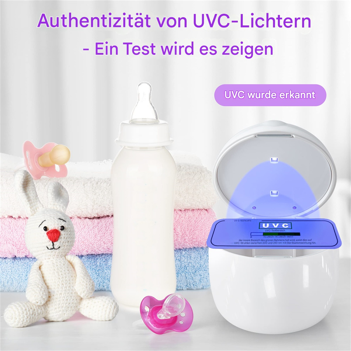Ein UV-Sterilisator mit Babyartikeln wie Flasche und Schnuller, sowie ein Stofftier.