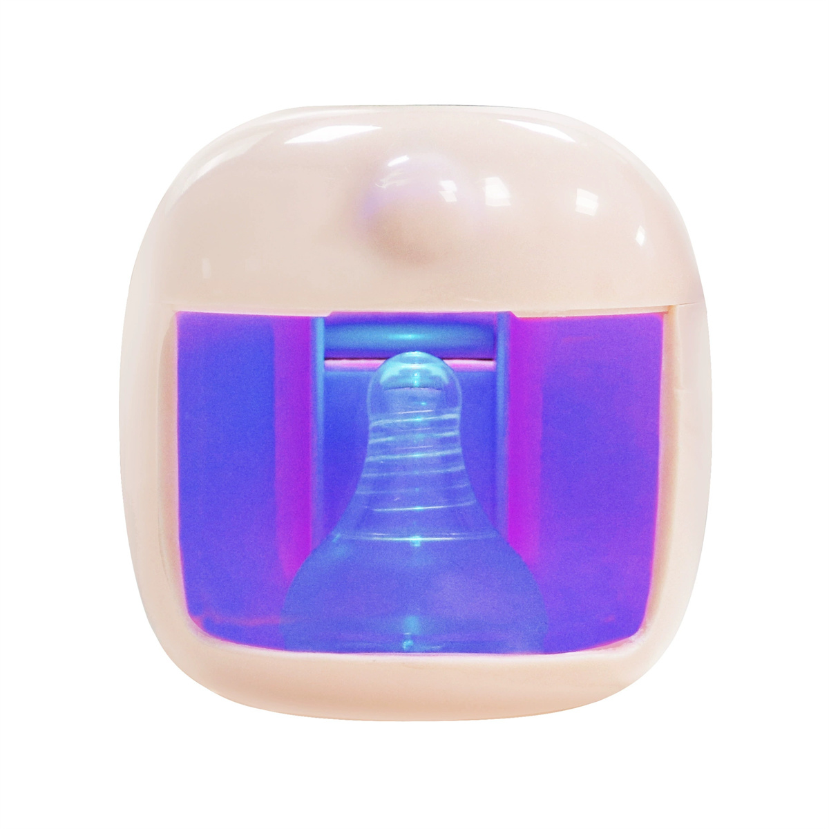 Ein weißer und rosa UV-Licht-Sterilisator für einen Babyflaschensauger, mit blauem Licht im Inneren.