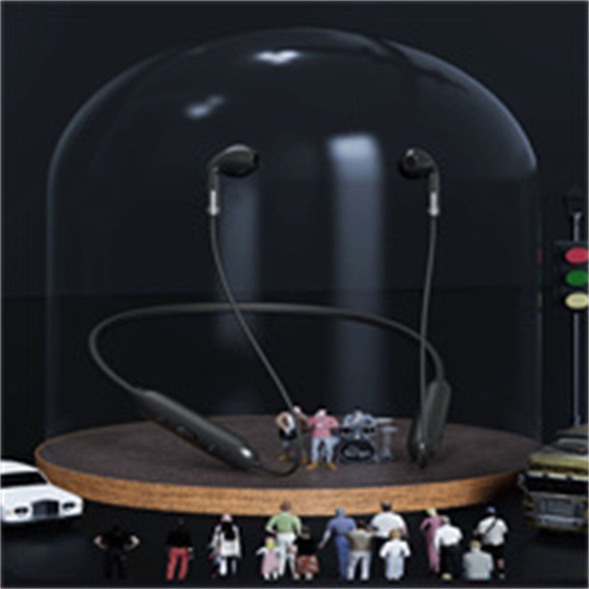 Schwarze Nackenbügel-Kopfhörer mit Figuren. Dunkler Hintergrund.