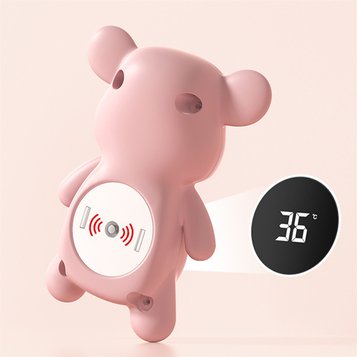 Rosa Teddybär-Thermometer. Zeigt 36 Grad an. Mit Anzeigelicht und Schallwellen-Symbol.