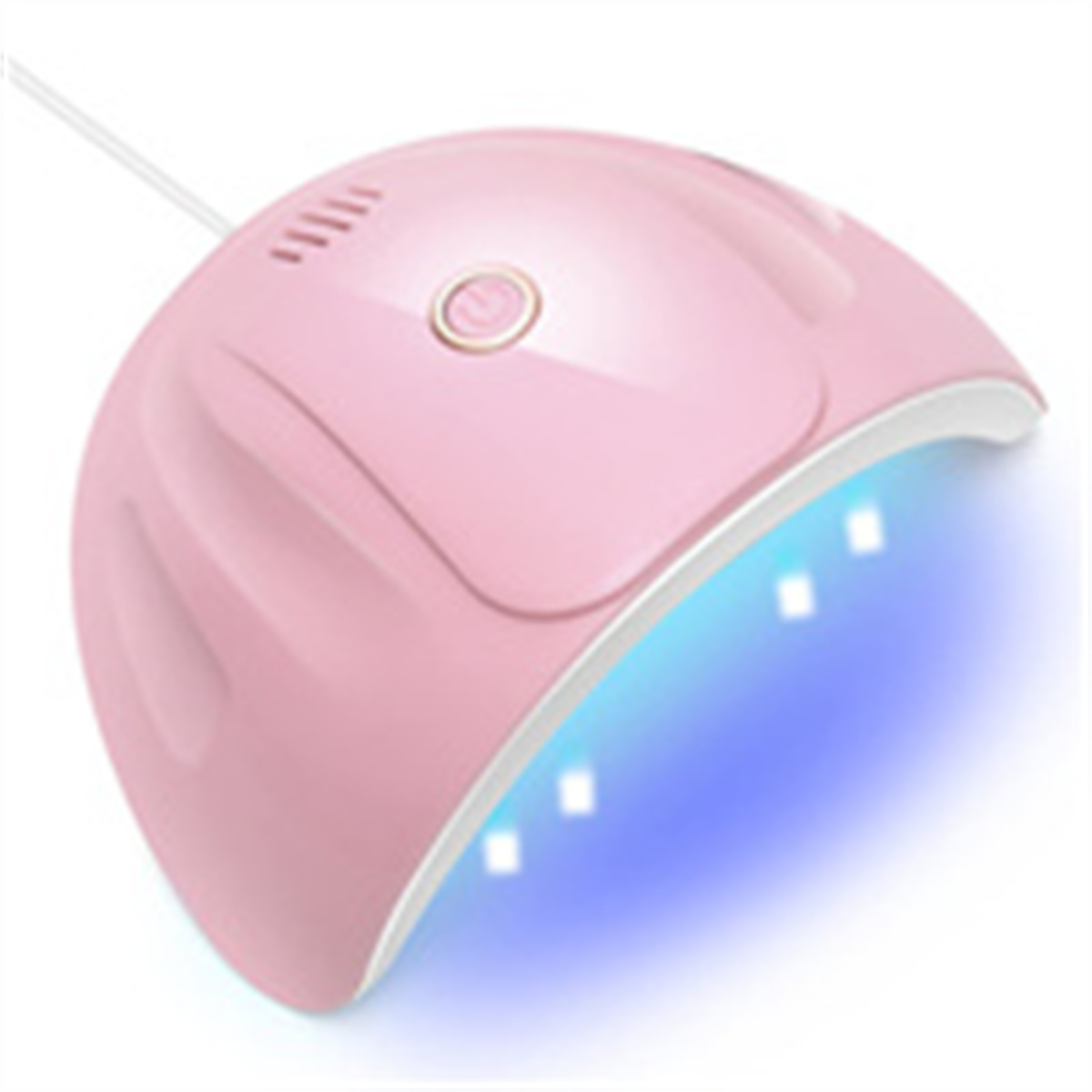Pinker Nageltrockner mit blauen Lichtern. Weißer Hintergrund.