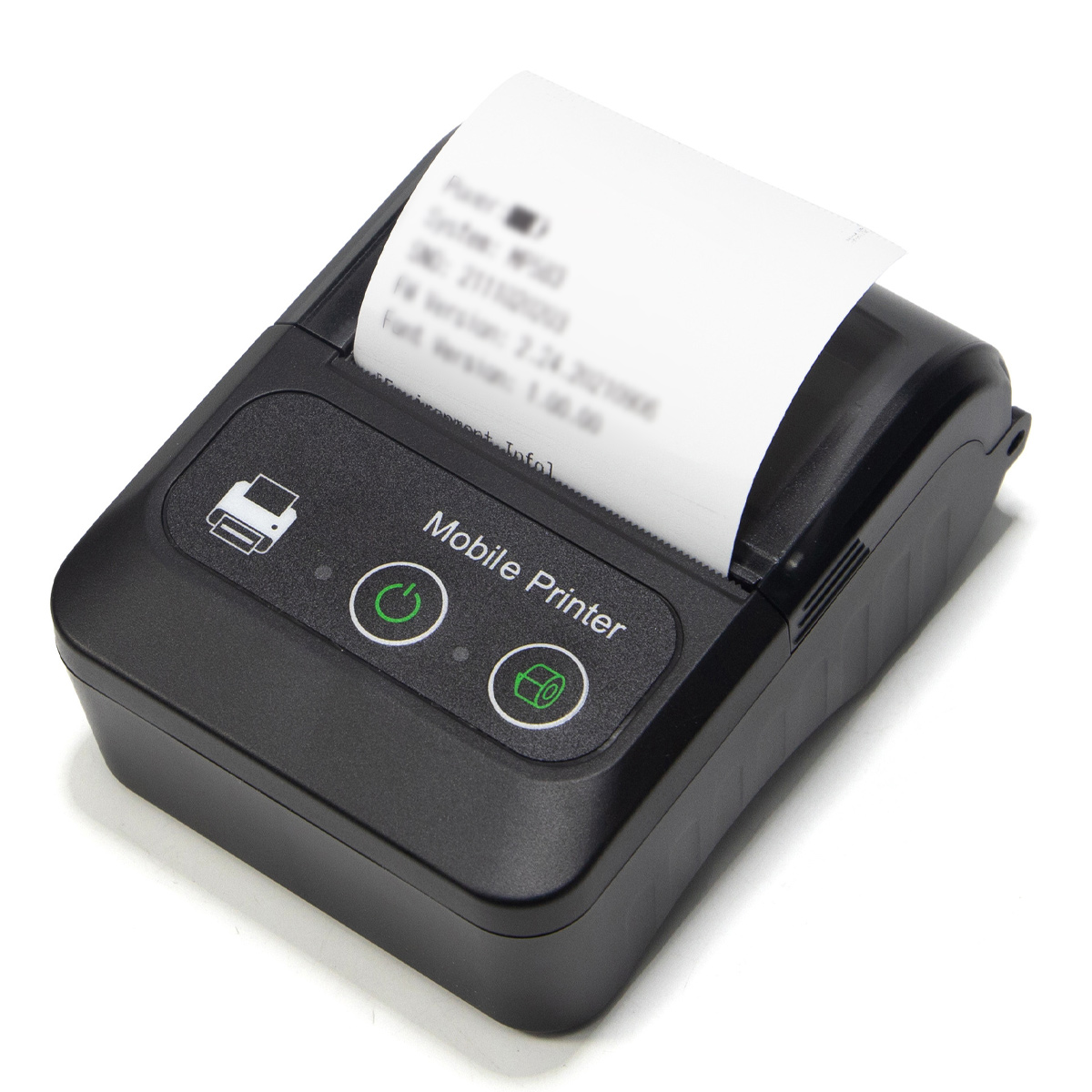 Ein schwarzer mobiler Drucker druckt einen Beleg, mit Ein- und Aus-Druck-Tasten.