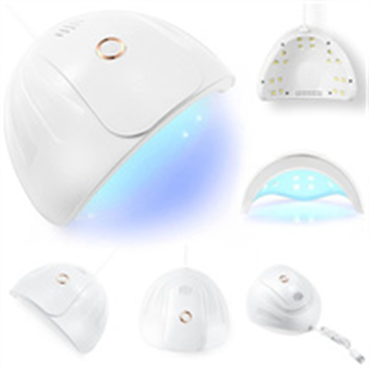 Weiße Nagellampe mit verschiedenen Ansichten, die das Design des Lichts und die Anordnung der LEDs zeigen.
