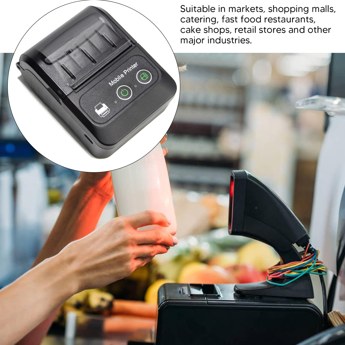 Ein schwarzer mobiler Drucker mit Barcode-Scanner, geeignet für Einzelhandel und Gastronomie.