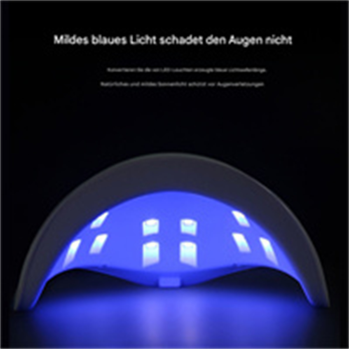 Eine blaue UV-Nagellampe. Die Lampe ist gewölbt mit gleichmäßig verteilten LED-Leuchten, auf dunklem Hintergrund.