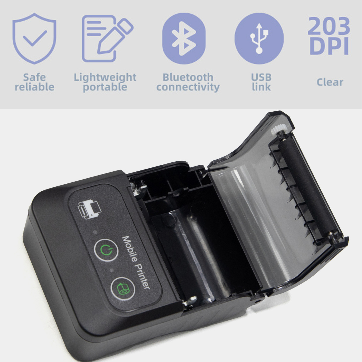 Ein schwarzer mobiler Drucker geöffnet, zeigt Innendetails, mit Funktionen: sicher, leicht, und Bluetooth.