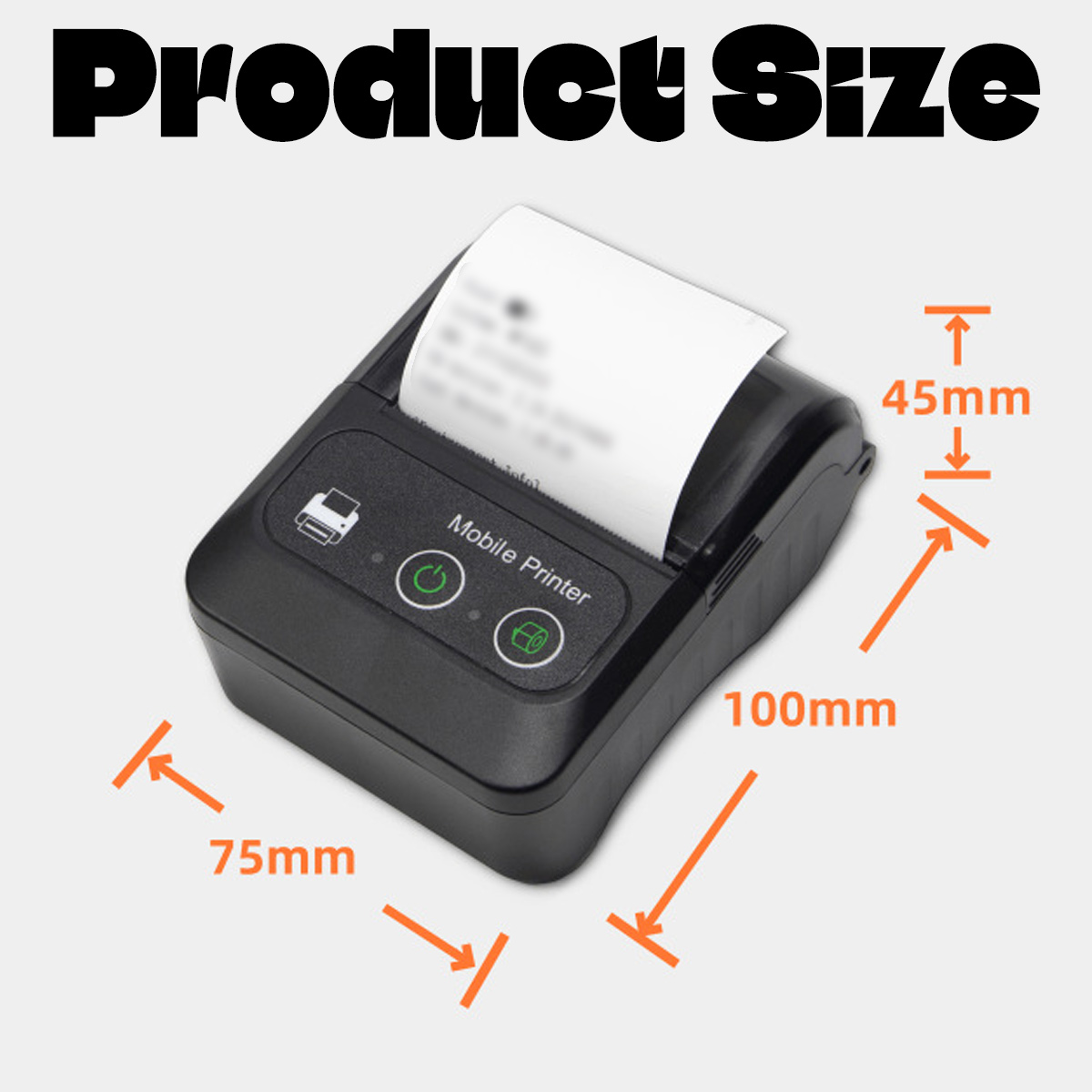Ein schwarzer mobiler Drucker mit Abmessungen: 75mm x 100mm x 45mm, druckt einen Beleg.