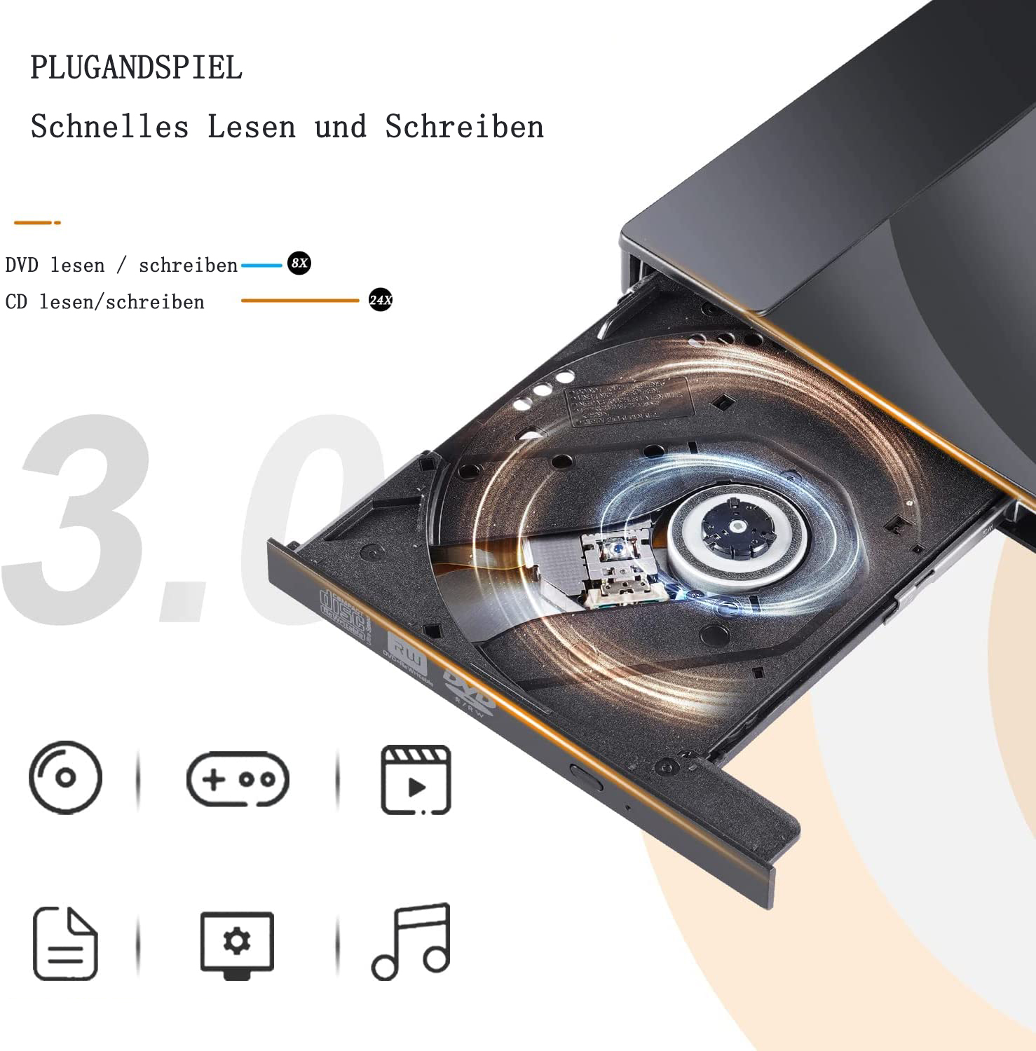 Ein offenes schwarzes Gerät, das eine Disc zeigt. Text zeigt DVD/CD Lese-/Schreibgeschwindigkeiten.