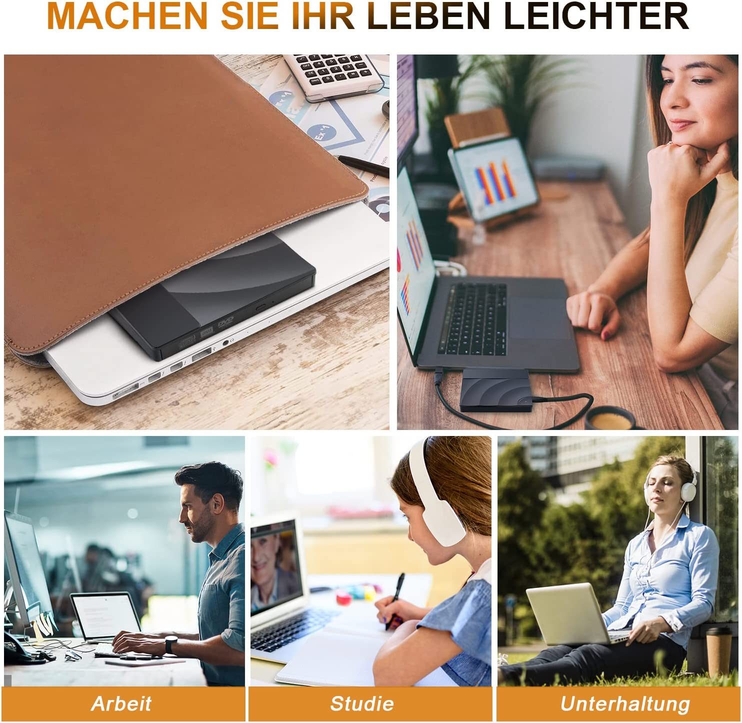Collage von Menschen, die an Laptops arbeiten und Kopfhörer verwenden, im Büro, im Studium und im Freien.