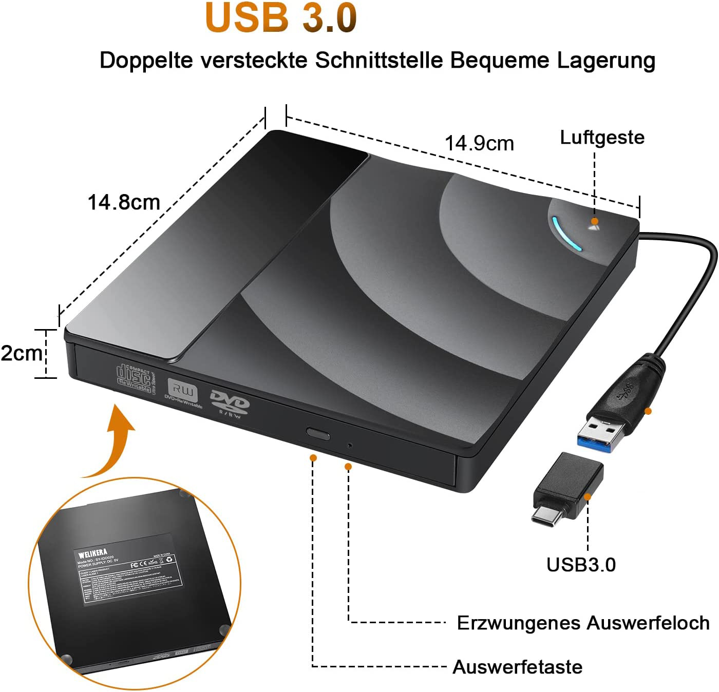 Schwarzes tragbares CD/DVD-Laufwerk mit USB 3.0-Anschluss und Maßangaben.
