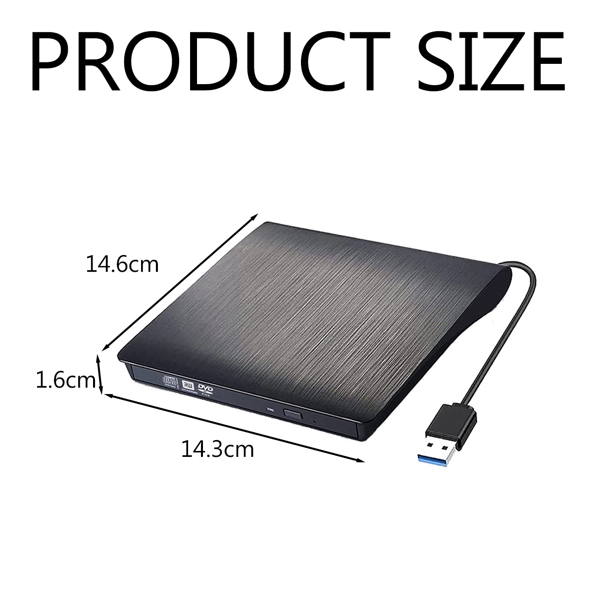 Schwarzes externes DVD-Laufwerk mit Abmessungen, verbunden mit einem USB-Kabel.