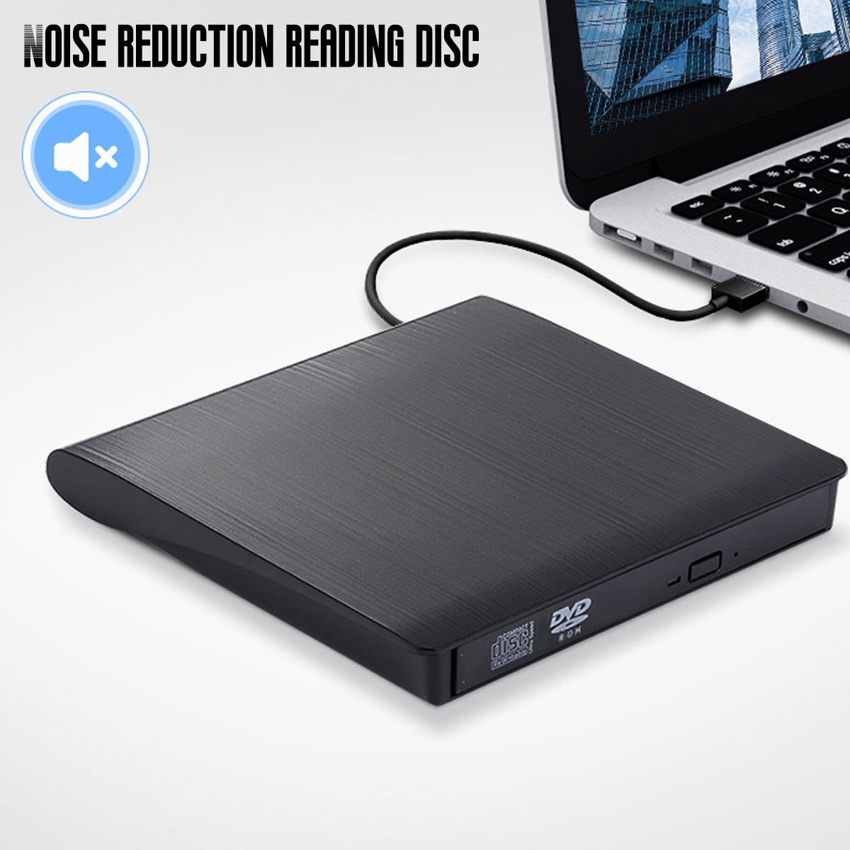 Schwarzes externes DVD-Laufwerk, an einen Laptop angeschlossen. Text zur Rauschunterdrückung ist sichtbar. Weißer Hintergrund.