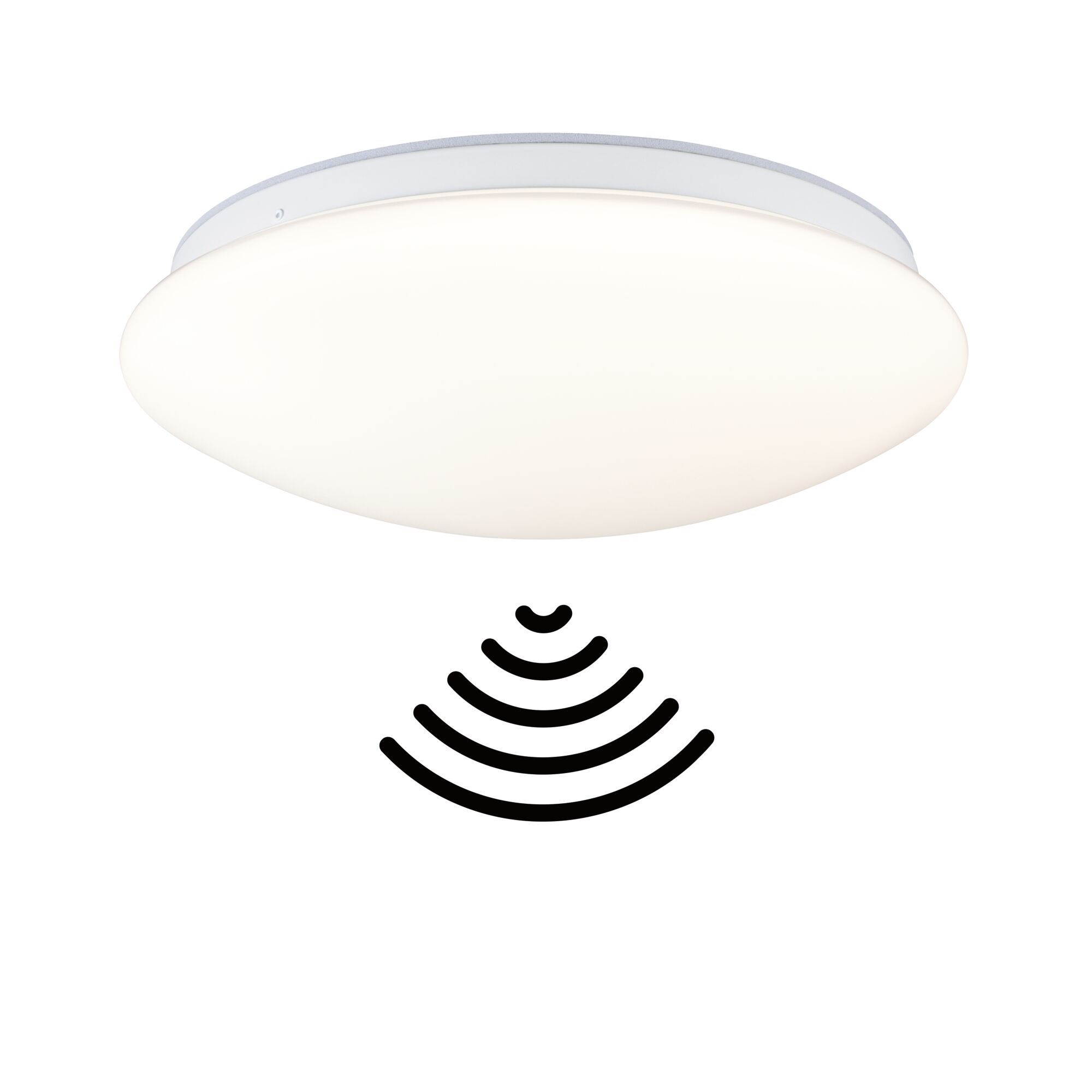 Weiße, runde Deckenleuchte mit Sensor-Symbol darunter, auf weißem Hintergrund.