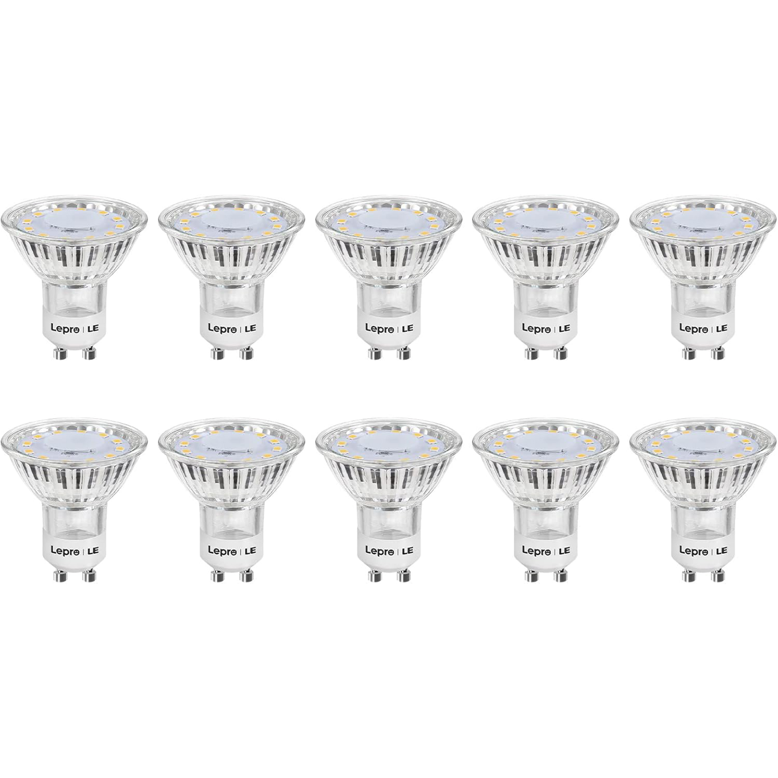 Zehn LED-Glühbirnen. Sie sind silberfarben und haben eine transparente Glasabdeckung.