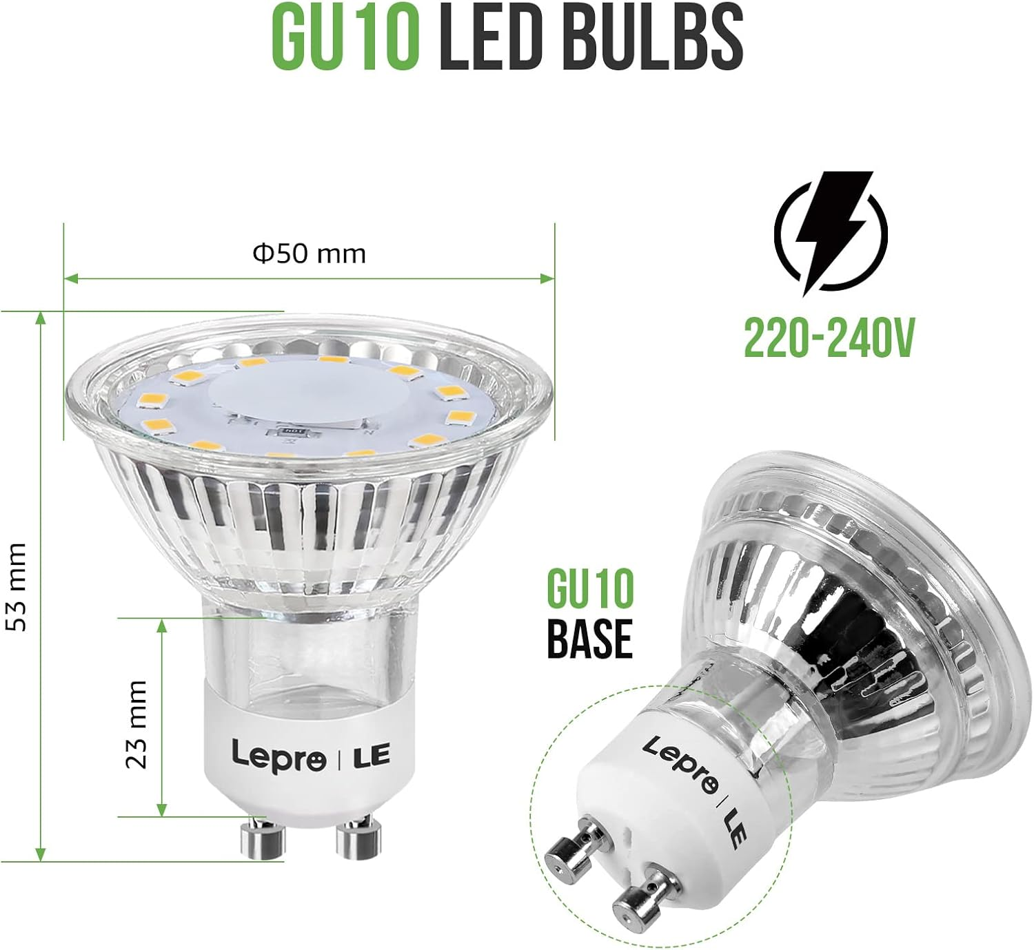 Zwei GU10 LED-Lampen mit Etiketten, die Abmessungen und Spannung anzeigen.