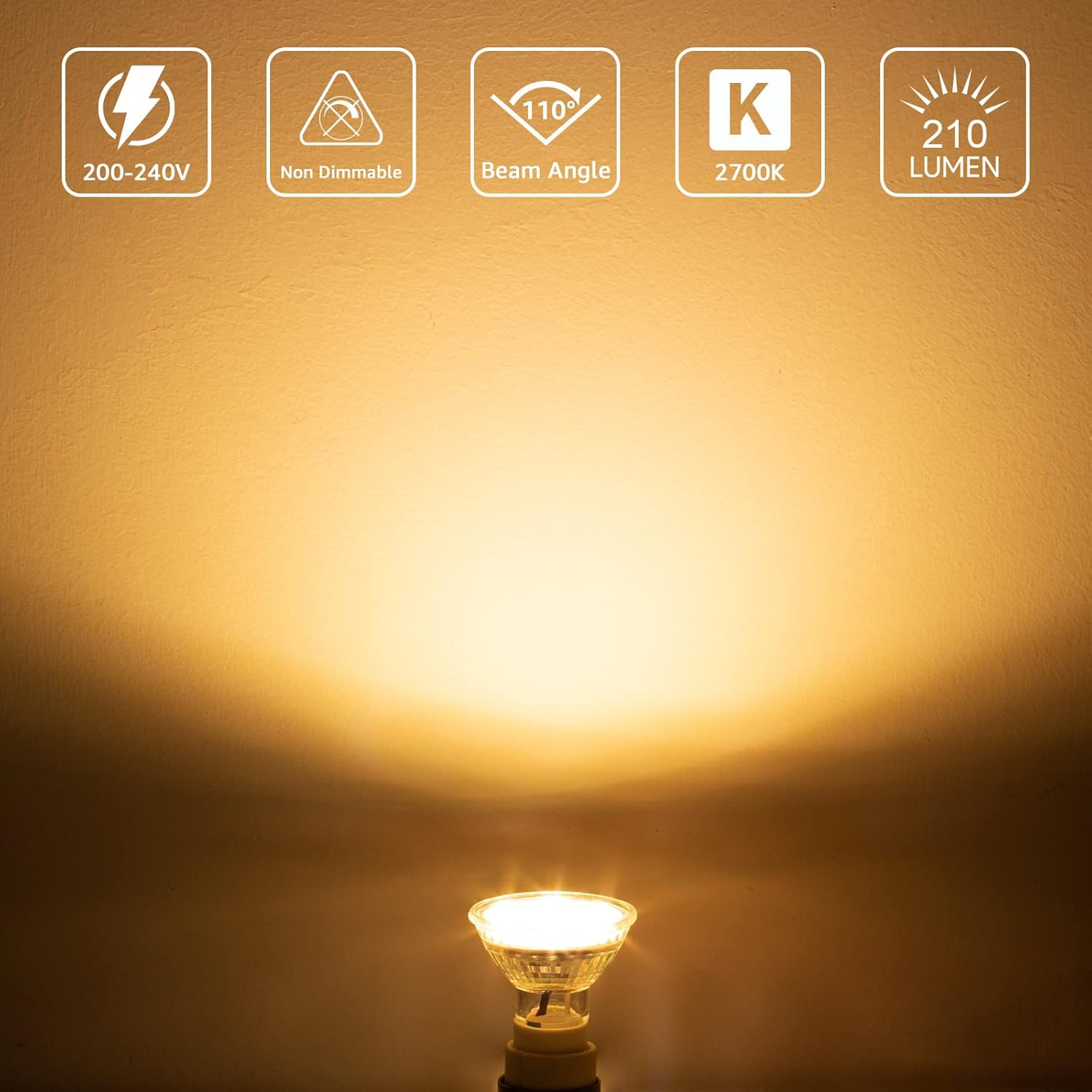 Ein Spotlicht-Leuchtmittel, mit Symbolen, die Spannung, nicht dimmbare Funktion, Abstrahlwinkel, Farbtemperatur und Lumen anzeigen.