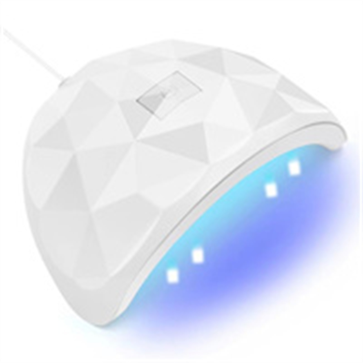 Weiße UV-Nagellampe mit blauem Licht von innen. Weißer Hintergrund.