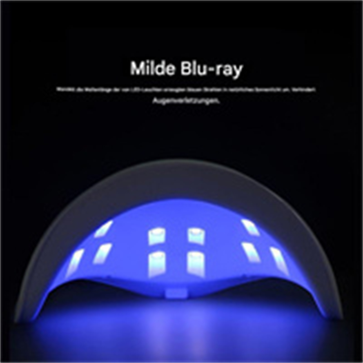 UV-Nagellampe, die blaues Licht aussendet. Die Lampe ist weiß und hat ein gebogenes Design.