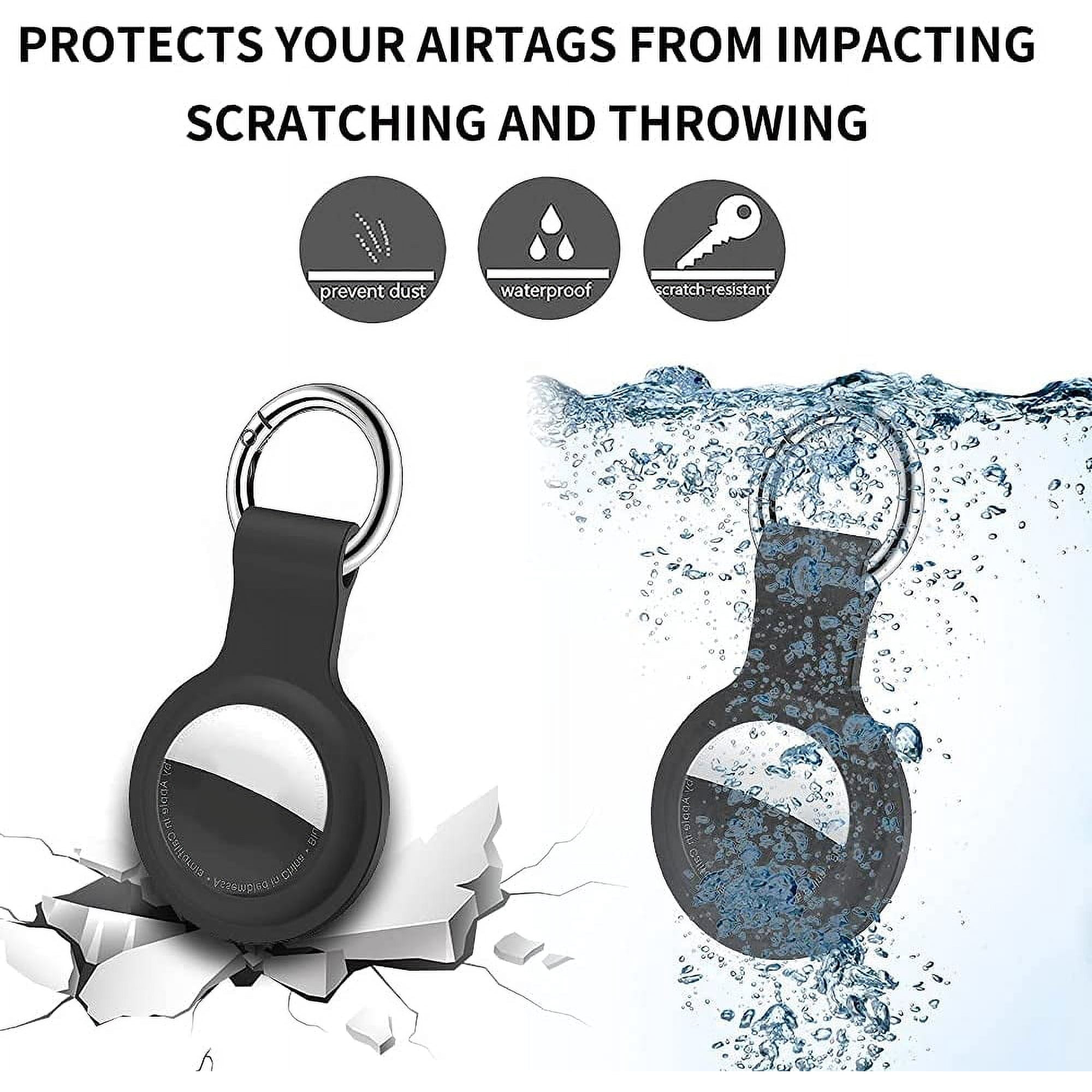 AirTag mit schwarzer Schutzhülle. Symbole zeigen, dass es Staub verhindert, wasserdicht und kratzfest ist.